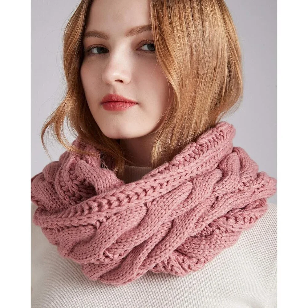 Women's Twist Pink Thick Ribbed Knit Winter Infinity Circle Loop Scarf